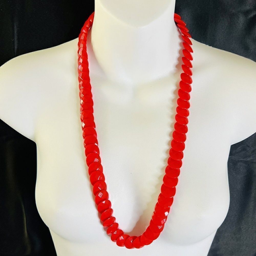 Vintage Stunning Red Faceted Disc Beads Lined Beaded Statement Necklace 1511